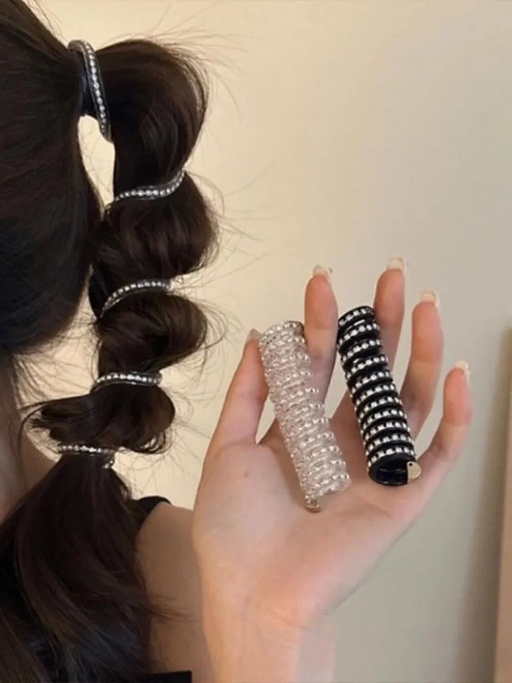 3pcs Glitter Rhinestone Spiral Hair Ties No Damage Bubble Braid Ponytail Holders